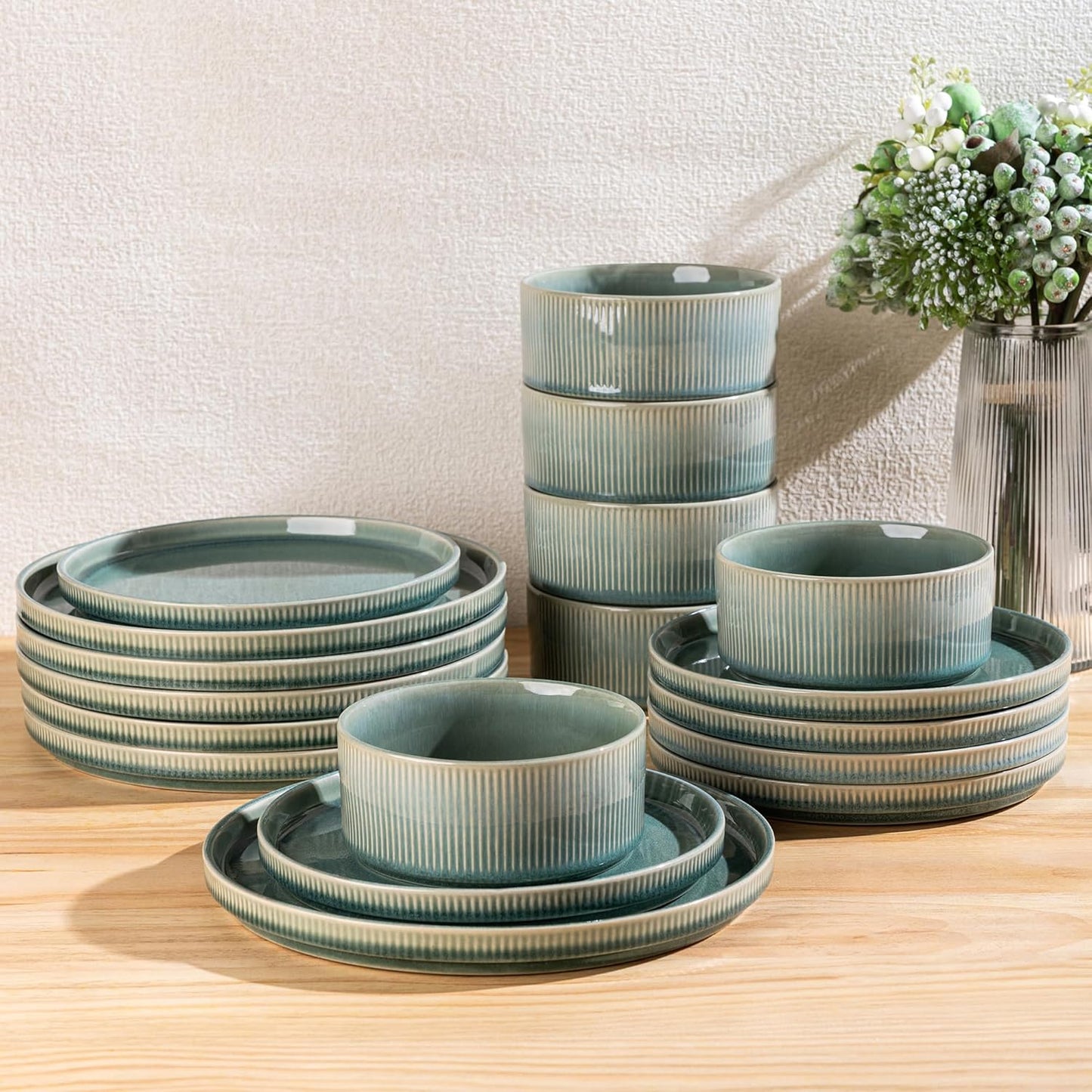 GBHOME Stoneware Dinnerware Sets for 4,Round Reactive Glaze Ceramic Plates and Bowls Set,Highly Scratch Resistant | Dishwasher & Microwave Safe Dishes Set,Service for 4(12Pcs)