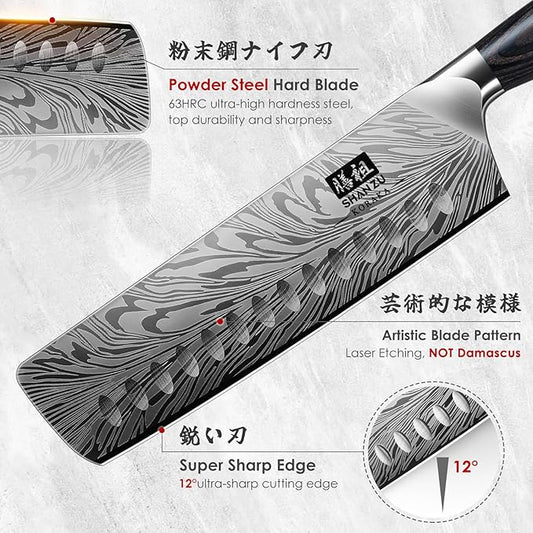 SHAN ZU Nakiri Knife in Powder Steel, Ultra Sharp 7 Inch Vegetable Kitchen Knife, High Carbon Japanese Chopping Knives, Multipurpose Chef Knives for Meat with Ergonomic Pakkawood Handle