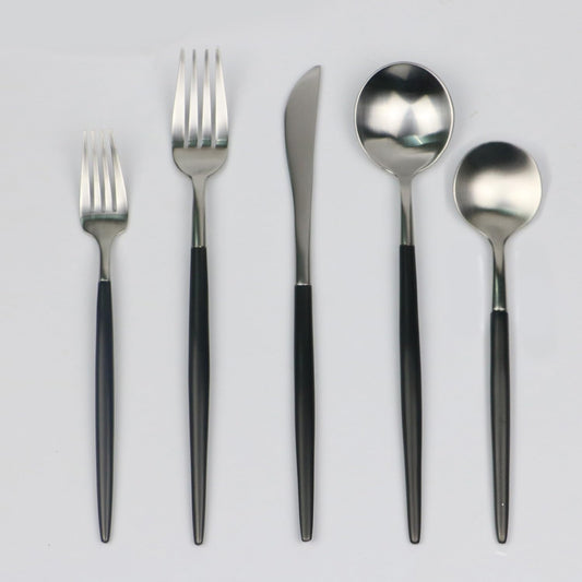 5-Pieces Luxury Black Handle Silver 18/10 Stainless Steel Flatware Set, Matte Finish, Service for 1