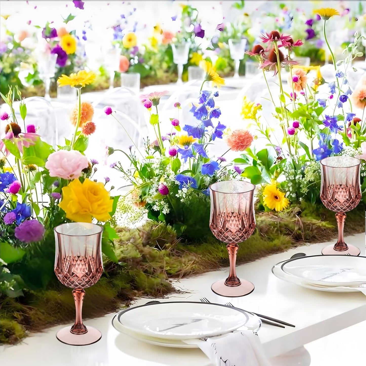 7OZ Plastic Wine Glasses, 24Pcs Rose Red Reusable Drinking Cups Vintage Champagne Flutes, Plastic Crystal Water Goblets for Parties Stemmed Shatterproof Drinking Glasses for Wedding, Toasting Party