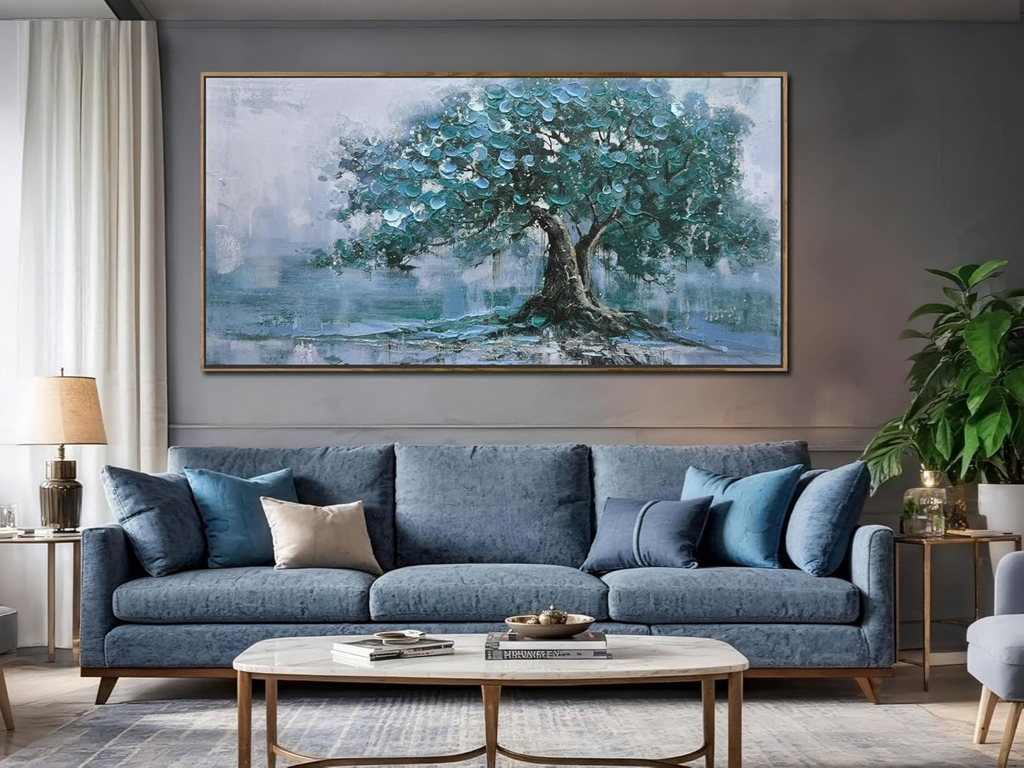 Ardemy Framed Tree Canvas Wall Art for Living Room Teal Tree of Life Landscape Bedroom Pictures Wall Decor Nature Paintings Artwork for Walls Home Office Dining Room Kitchen 58"x29"