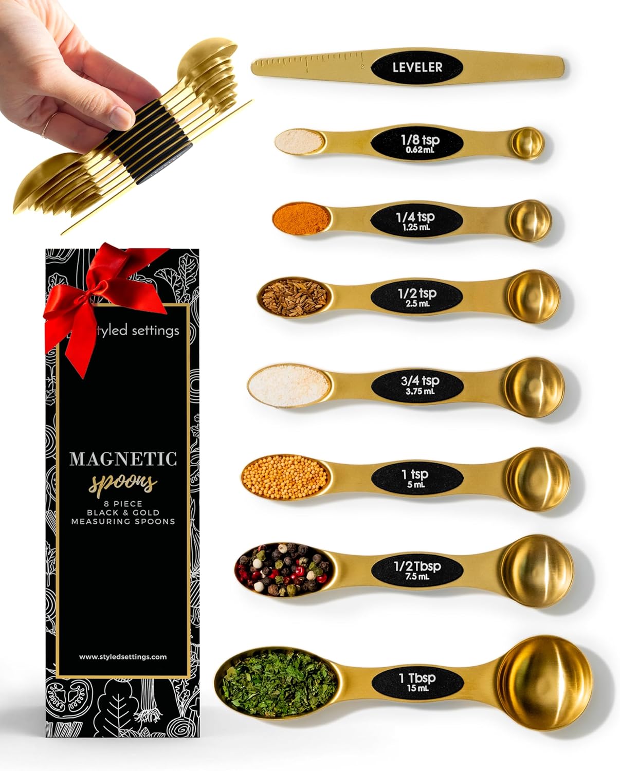 Magnetic Measuring Spoons Set – Stainless Steel Gold Measuring Spoons for Cooking and Baking – Cute and Durable Gold Kitchen Accessories - Great for Gifting