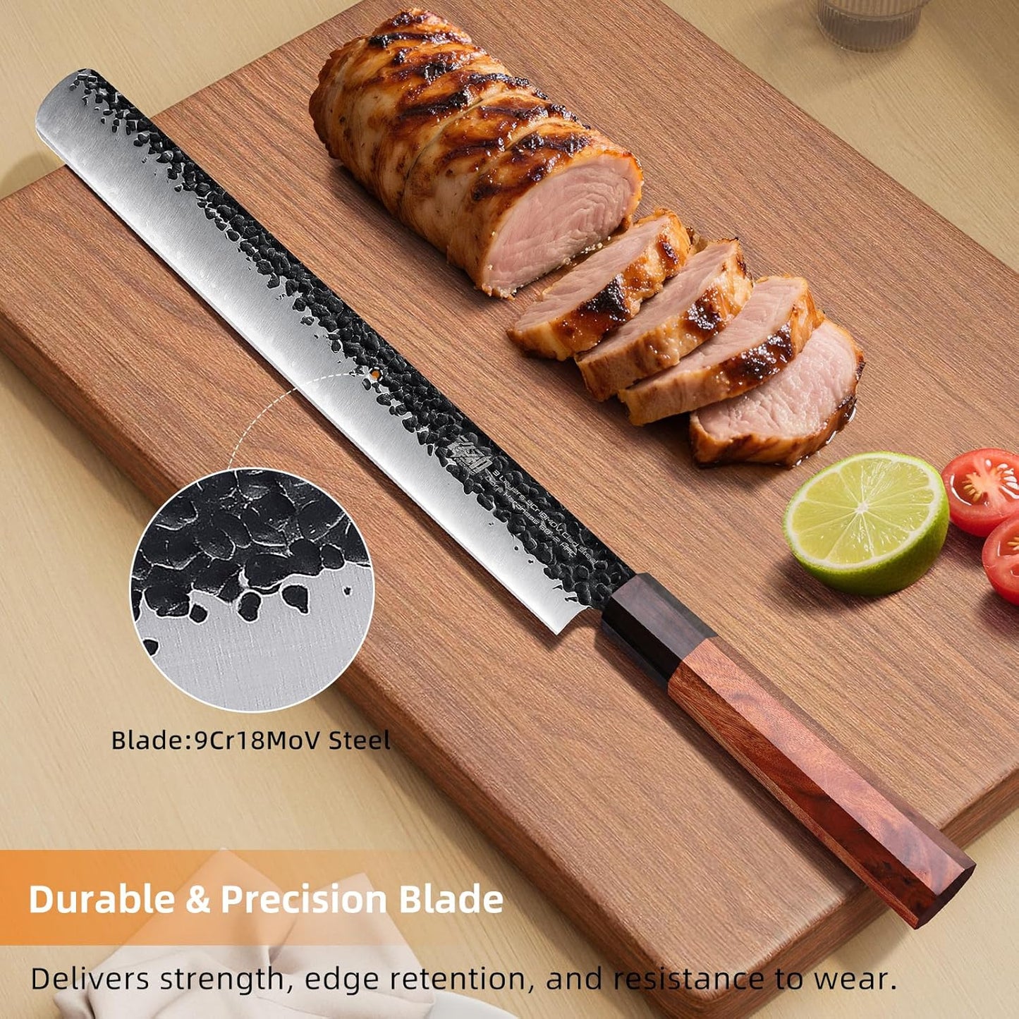FINDKING Brisket Slicing Knife 12 Inch, Sharp Carving Knife for Meat, BBQ, High Carbon Steel Blade, African Rosewood Octagonal Handle (Dynasty Series)