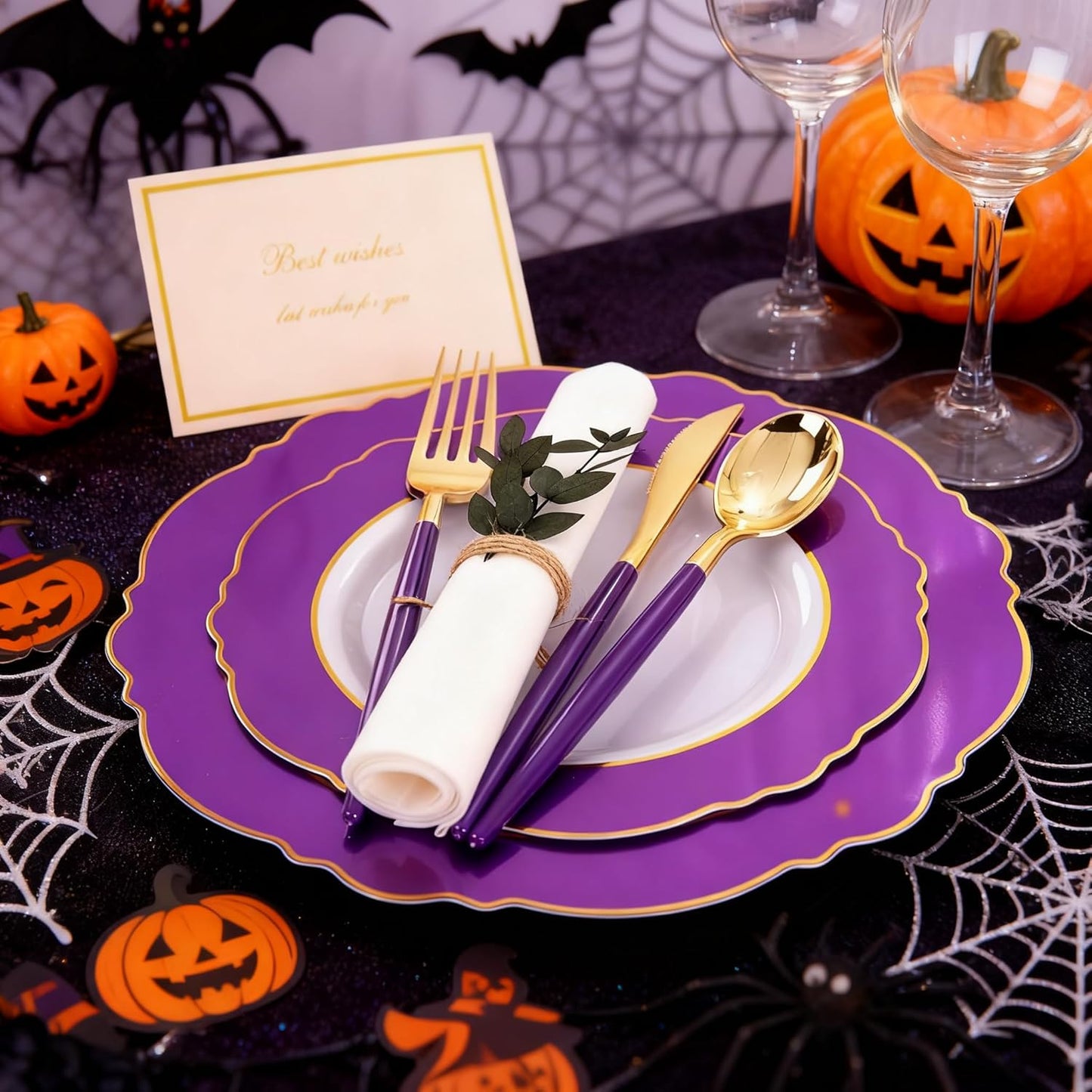 WDF 30Guest Purple Plastic Plates with Gold Rim & Disposable Gold Plastic Silverware With Purple Handle - Baroque Party Plates Mardi Gras Plate for Birthday Parties/Halloween