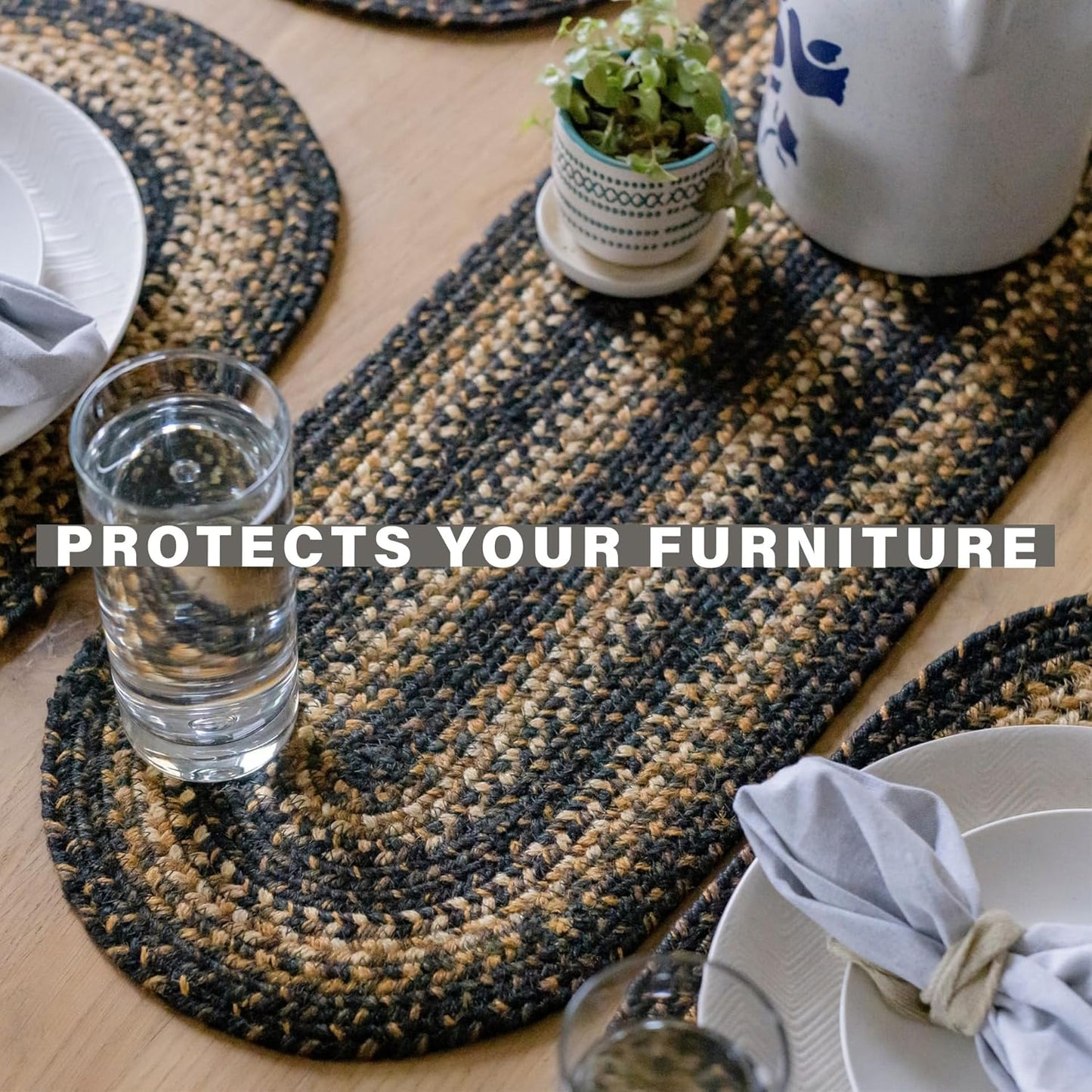 Kilimanjaro Jute Woven Round Placemats Set of 6, 15", Warm Primitive Decor, Black and Tan Table Mats - Vibrant Colors, Durable, Easy to Clean and Protects Furniture