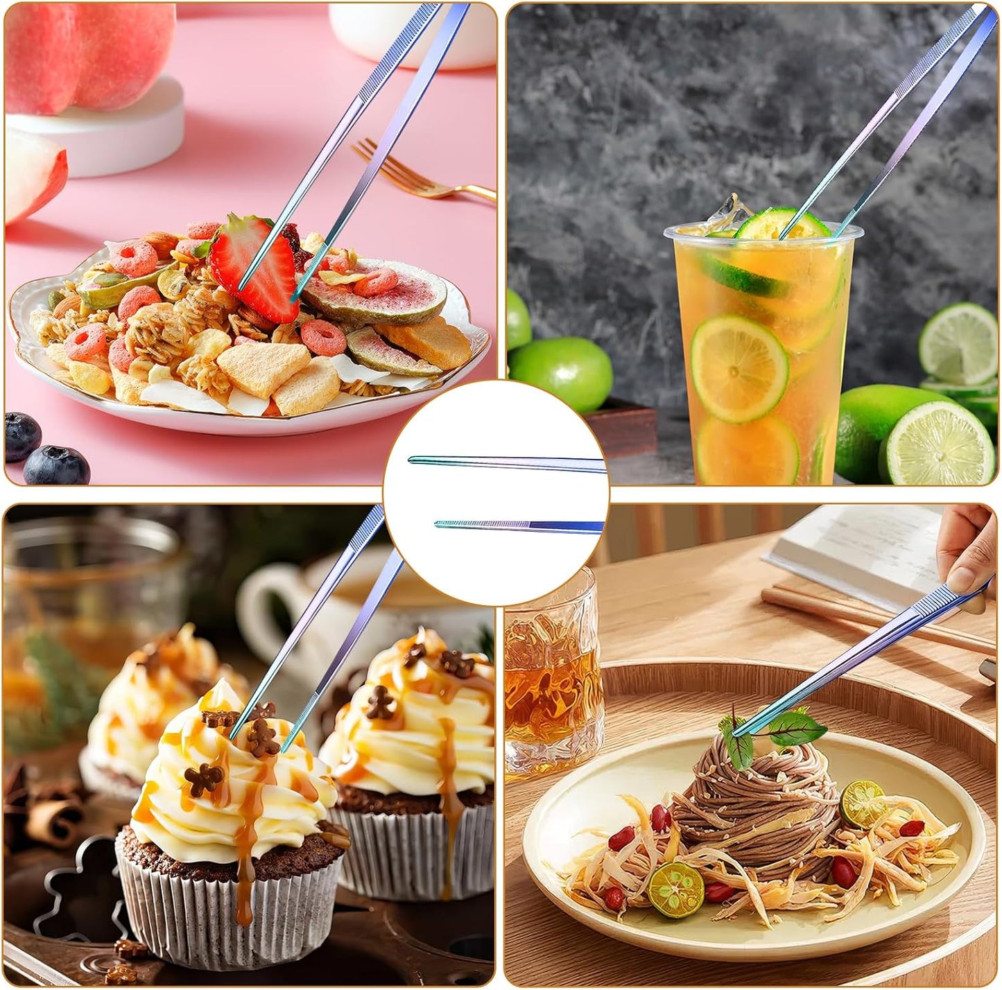 GEEKHOM 4 Pcs Colorful Tweezer Tongs Set, 12" and 10" with Non-Slip Handles, Perfect Kitchen Utensil Set for Family Cooking, Baking & Serving