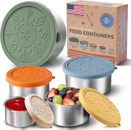 Everusely - Stainless Steel Containers with Lids - Set of 5, Muted Collection - Leakproof Stainless Steel Food Containers - Nesting Snack Holders - Metal Lunch Box - Portable & Reusable Meal Kit