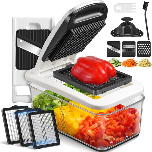 Sopito Vegetable Chopper Heavy-Duty Mandoline Slicer for Kitchen - Multifunctional Onion Potato Food Veggie Fruit Slicer and Cutter with 6 Blades & Container for Onion, Veggies, and Food Preparation