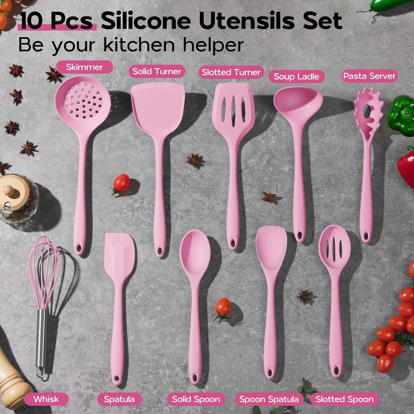 Onader Silicone Cooking Utensils Set, 10 Pieces Kitchen Utensils Set, Pink Kitchen Gadgets Tools Kit for Nonstick Cookware