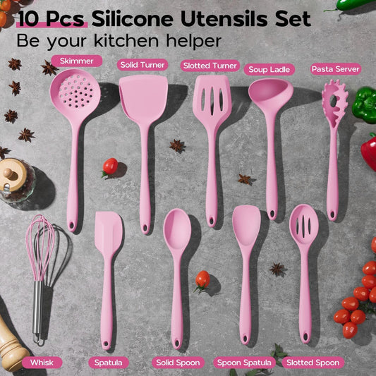 Onader Silicone Cooking Utensils Set, 10 Pieces Kitchen Utensils Set, Pink Kitchen Gadgets Tools Kit for Nonstick Cookware