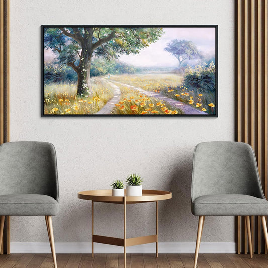 CHATYOUNG Framed Wall Art Vintage, Country Road Yellow Flowers Misty Landscape Painting Poster Prints Wildflowers Wall Pictures for Living Room Bedroom Bathroom Farmhouse Wall Decor 20"X40"