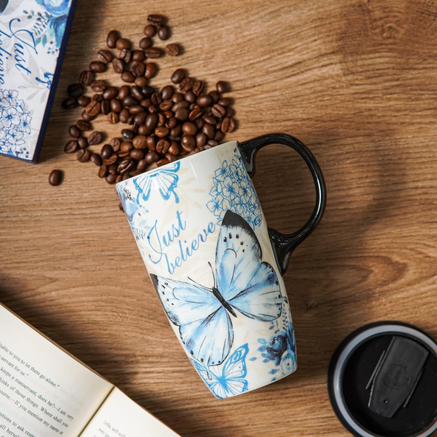 Topadorn Ceramic Travel Mug Coffee Cup with Lid and Matching Box, 17oz Microwave & Dishwasher Safe Coffee Tumbler, Butterfly