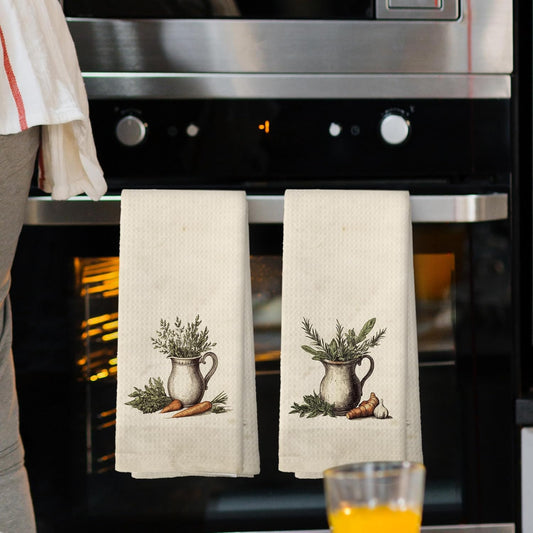 Vintage Country Kitchen Herbs Kitchen Towels Set of 2,Farmhouse Kitchen Decor Hand Towel, Carrot Ginger Garlic Still Life Food Decorative Tea Towel Dish Towels 16x24 Inch
