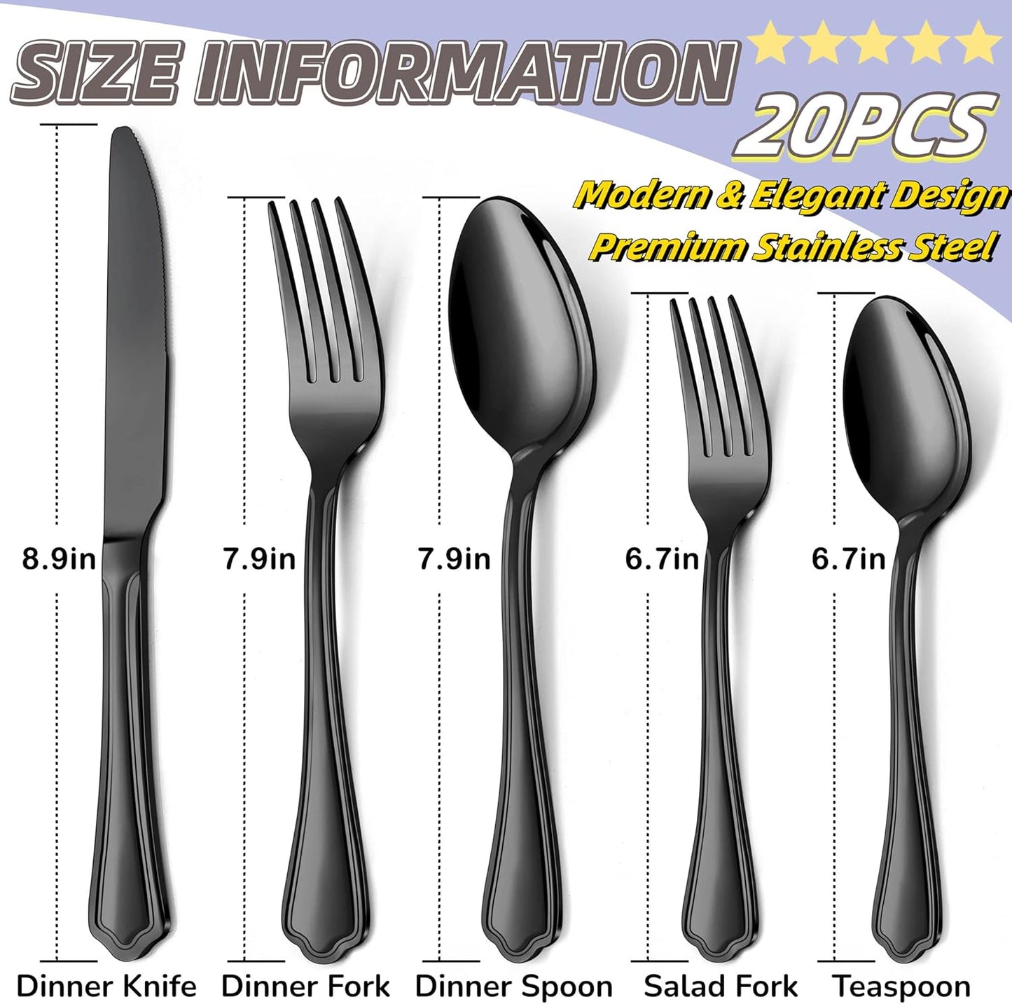 Herogo 20-Piece Black Silverware Set with Scalloped Edge, Stainless Steel Flatware Cutlery Set for 4, Modern Tableware Eating Utensils, Dishwasher Safe, Mirror Polished