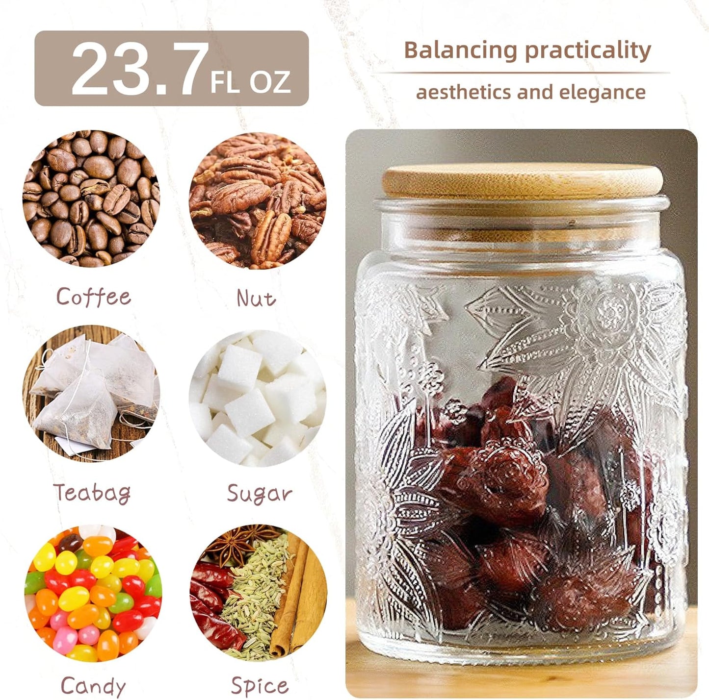 23.7 fl oz Airtight Glass Storage Jar with Bamboo Lid - Vintage Glass Jar Vintage Food Containers Canisters Set for Kitchen Counter, Ideal for Candy, Sugar, Coffee, Tea,Cute (Sunflower*1)