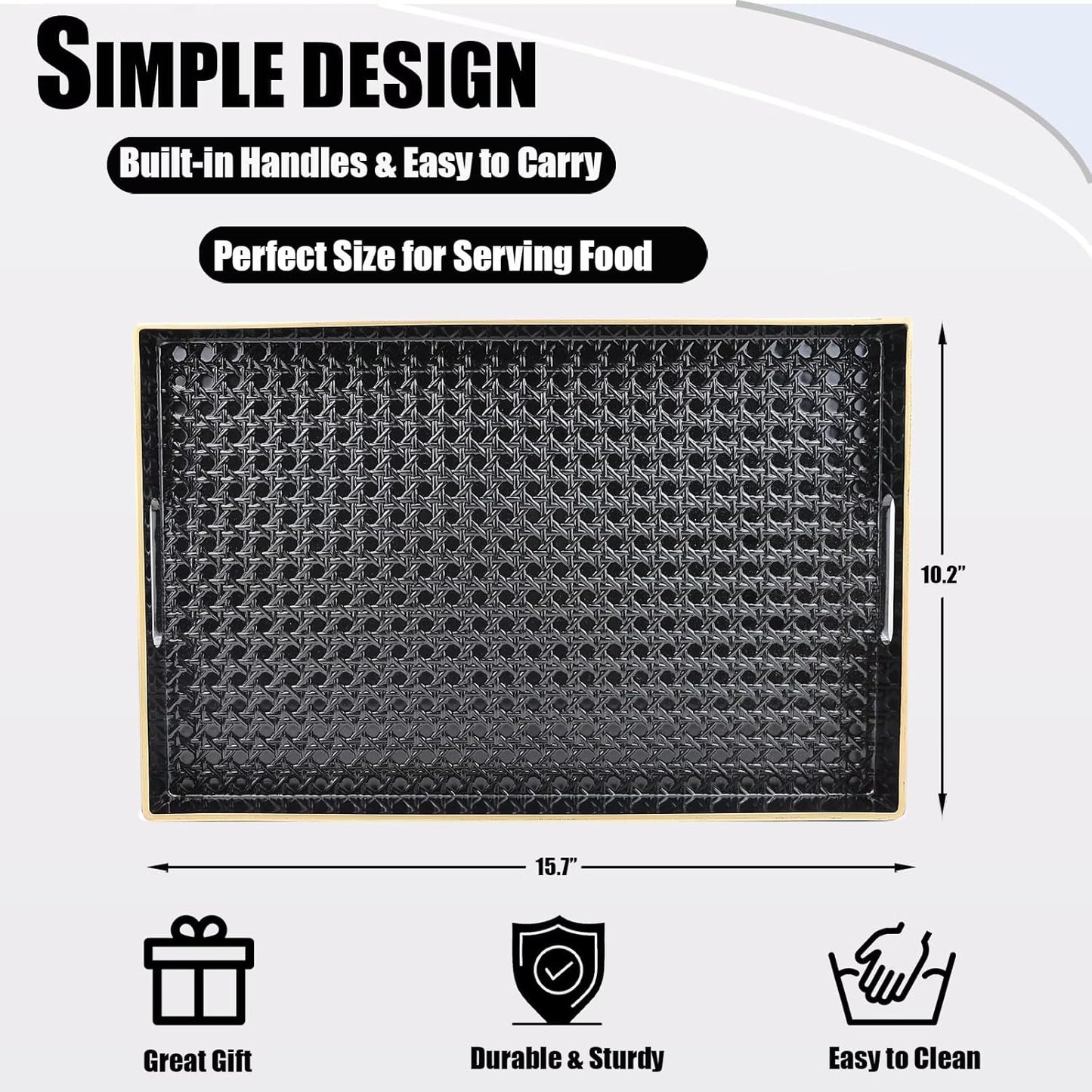 Black Decorative Coffee Table Tray, Rectangular Plastic Serving Tray with Handles for Living Room, Ottoman, Bathroom, 15.7"*10.2"