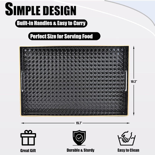 Black Decorative Coffee Table Tray, Rectangular Plastic Serving Tray with Handles for Living Room, Ottoman, Bathroom, 15.7"*10.2"