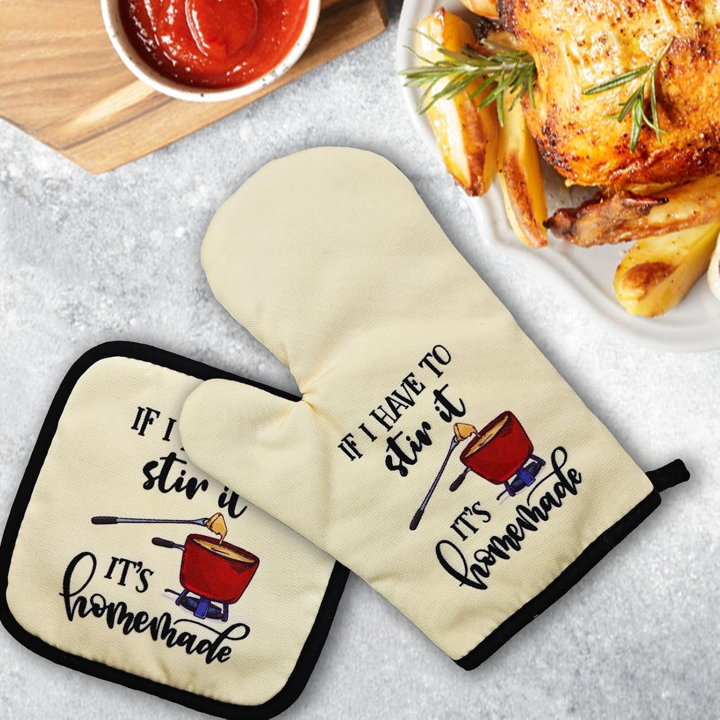 Funny Oven Mitts Gifts（Set of 2） If I Have to Stir It It's Homemade Oven Mitts and Pot Holders Set Kitchen Heat Resistant Gloves Silicone Non-Slip Oven Mitts Chef Gifts for Women Men Friend