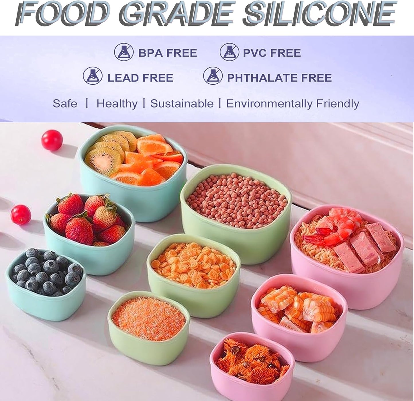 Reusable Nesting Silicone Food Storage Containers, Set of 3 Lunch Box Bento with Lids, Airtight Snack Container, BPA Free, Dishwasher Microwave Oven Freezer Safe (6.7oz, 10oz, 20oz) (Light Blue)