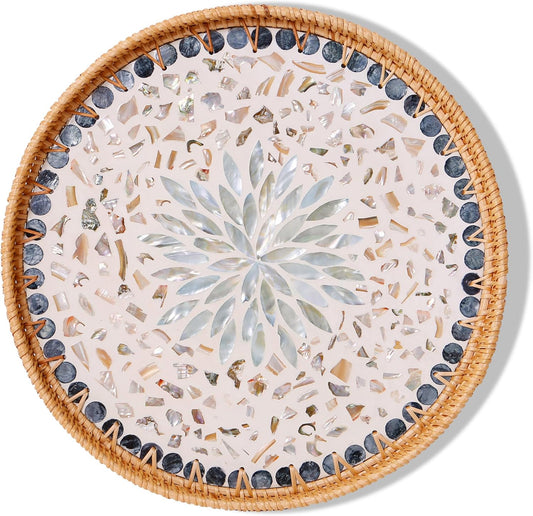 Round Rattan Tray with Mother of Pearl Inlay & Wooden Base - Decorative Wicker Serving Tray for Coffee/Bread/Fruits, Food Storage & Display - Multipurpose Home Decor (M,Blue Shells)