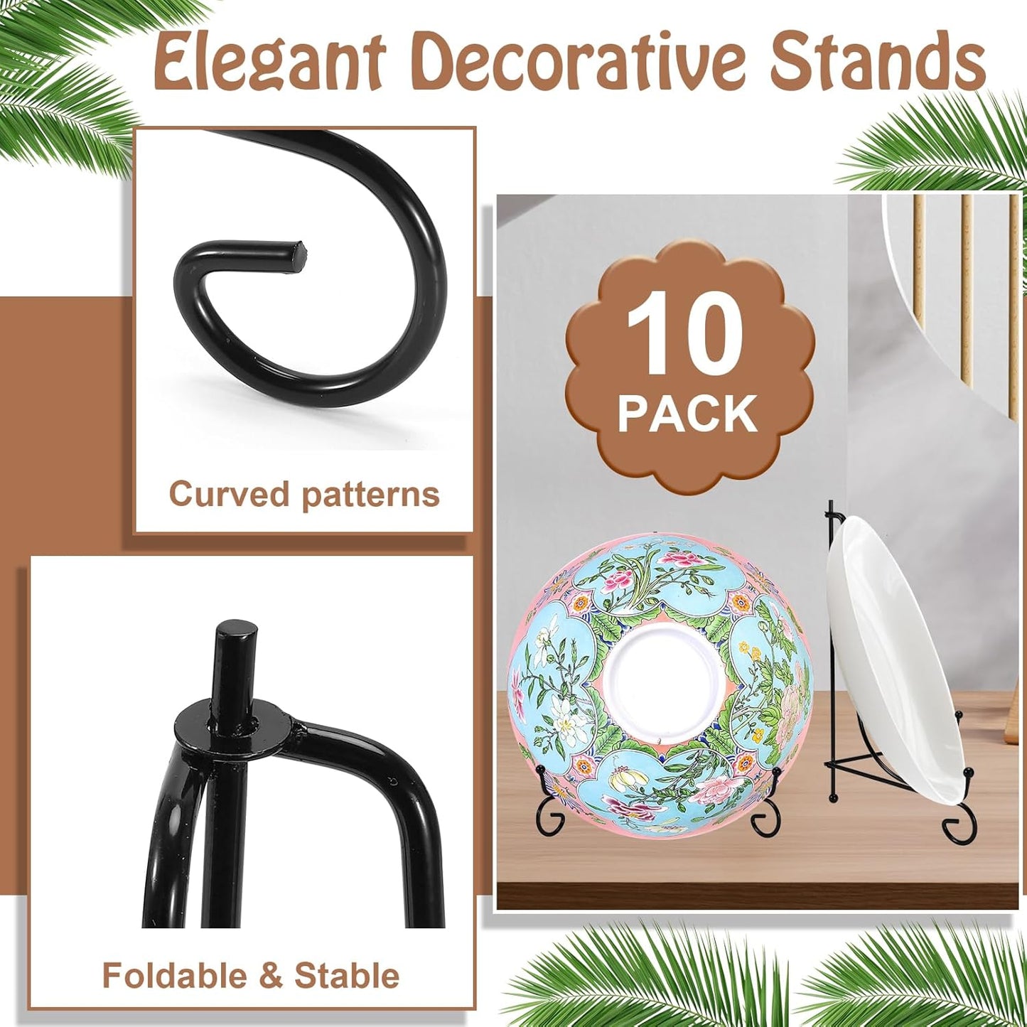 10 Pack Plate Stands for Display,Plate Display Stand,Picture Frame Holder Stand,Book Display Stand,Black Iron Plate Holders for Displaying Photo Frame,Decorative Plates,Arts (10 Inch,Foldable)