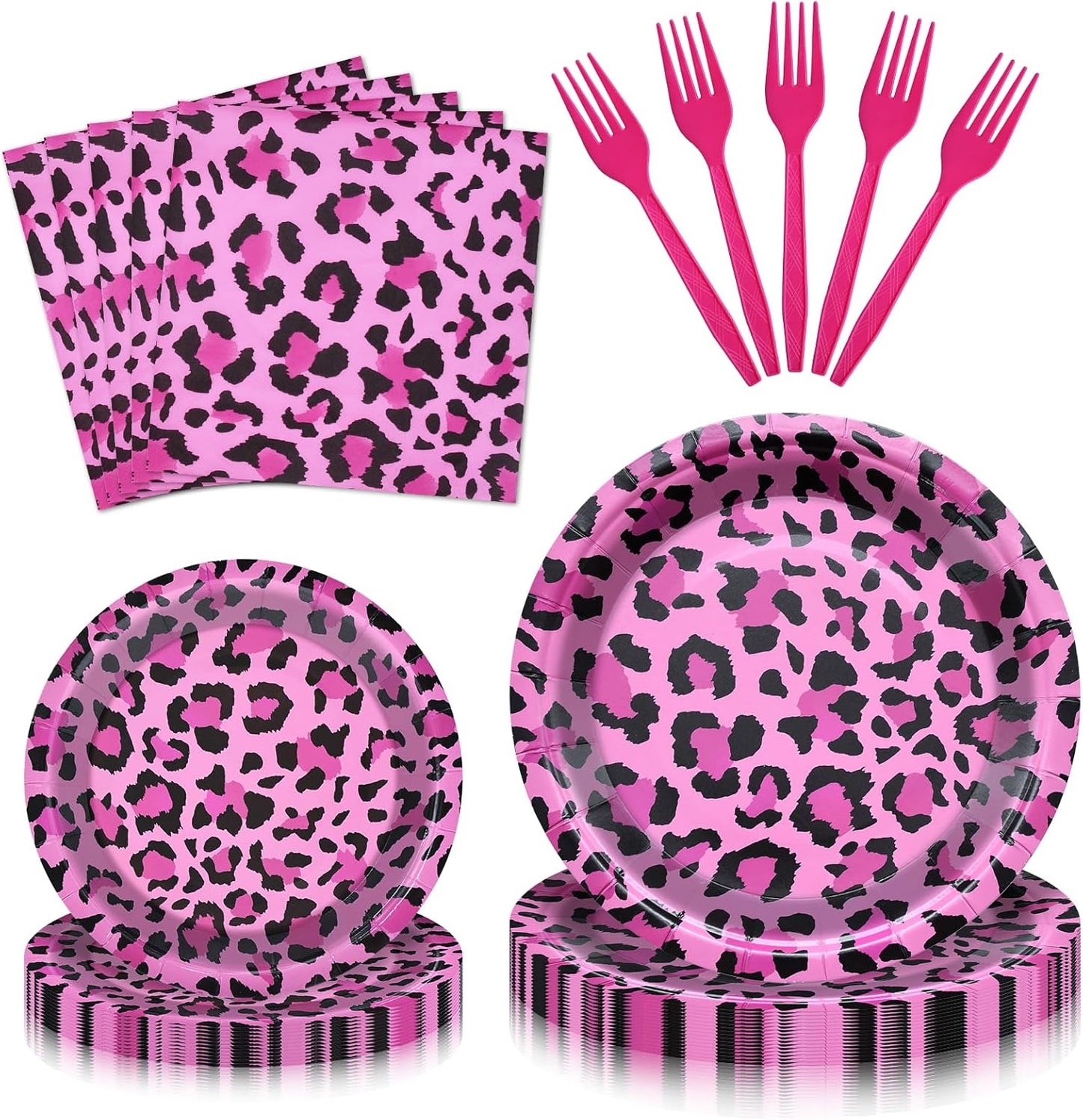 100 Pcs Pink Leopard Print Party Tableware Set – Disposable Animal Print Plates, Napkins, and Forks for Wild Birthday Parties, Safari Themes, and Glam Celebrations – Serves 25