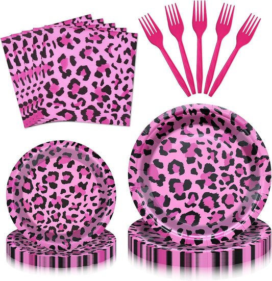100 Pcs Pink Leopard Print Party Tableware Set – Disposable Animal Print Plates, Napkins, and Forks for Wild Birthday Parties, Safari Themes, and Glam Celebrations – Serves 25