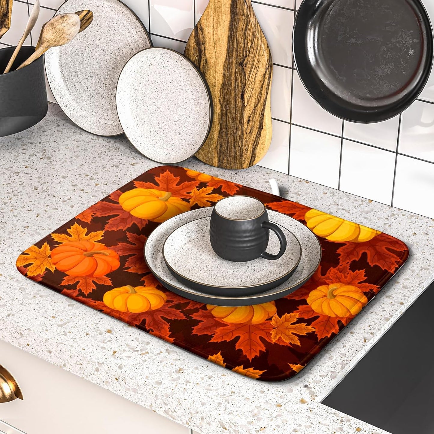Fall Dish Drying Mats for Kitchen Counter 16×18 Inch Autumn Pumpkin Leaves Festival Holiday Small Microfiber Drying Mat Kitchen Accessories Dish Rack Mat Drainer Pad Washable Absorbent