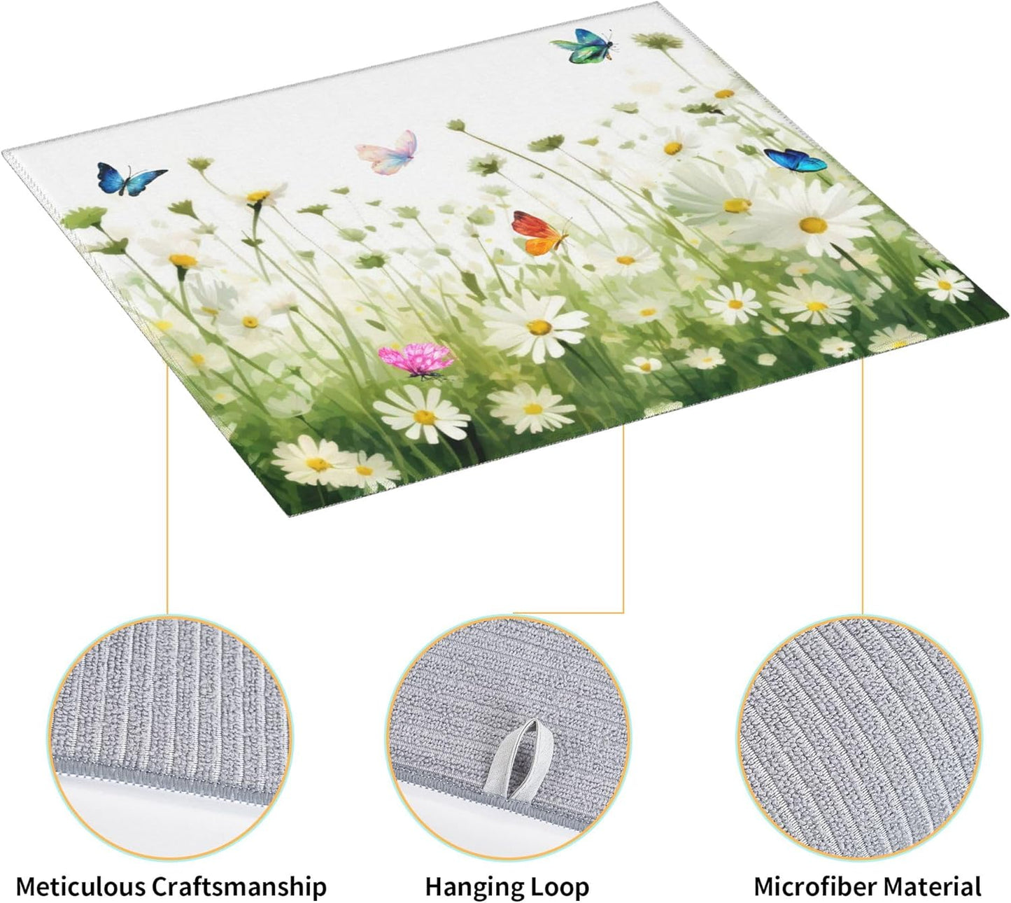 Vintage Watercolor Daisy Butterfly Dish Drying Mat for Kitchen Counter, 16"x18" Microfiber Absorbent Fast Dry Mat, 2Pcs Dish Mat Faucet Mats Sets, Large Drying Kitchen Mat Kitchen Drying Pad