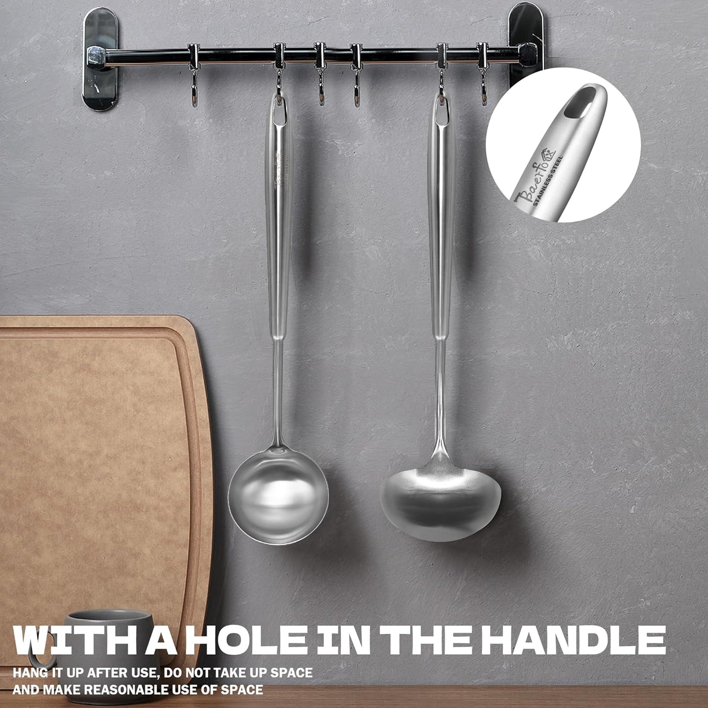 Solid Stainless Steel Soup Ladle, 13.7" Food-Grade 304 Rust-Free Table Ladle, Brashed-Polished & One-Piece Dishwasher-Safe, Ergonomic Long Handle for Home, Kitchen, Restaurant