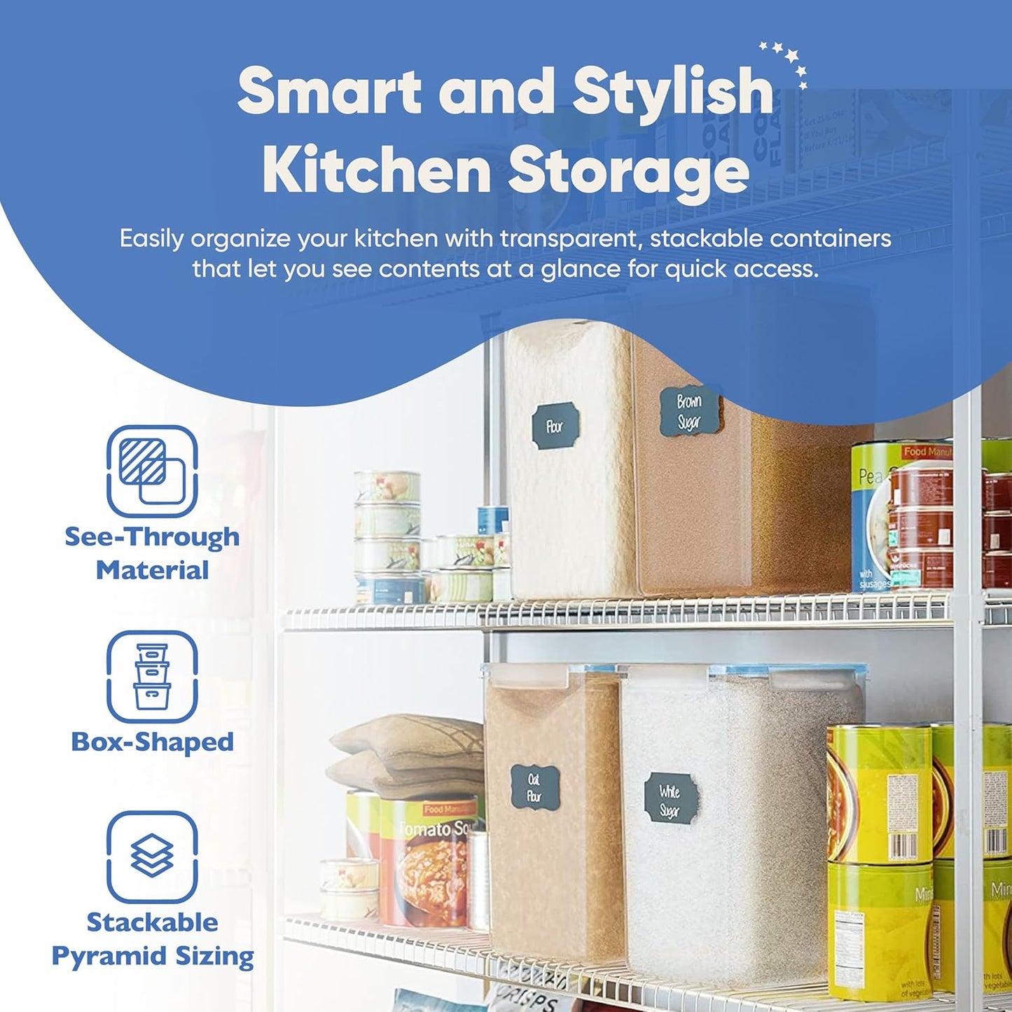 Chef's Path Extra Large Airtight Flour and Sugar Storage Containers with Lids, Set of 2, 6.5L Pantry Canisters for Bulk Flour and Sugar Storage - Transparent