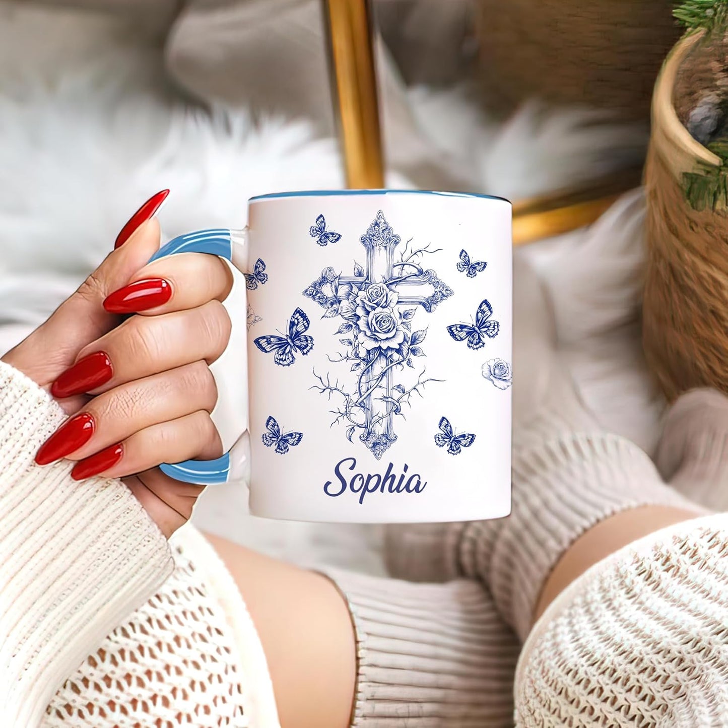 Hyturtle Personalized Blue Floral Christian Mug - Christian Gifts For Women - Religious Gifts For Her On Birthday - Bible Verse Present On Mother Day - Custom Coffee Cup Ceramic Mug 11 Oz 15 Oz