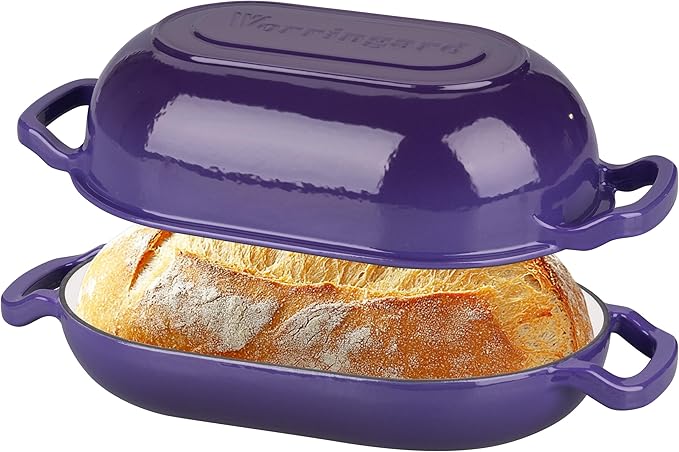 Enameled Cast Iron Sourdough Bread Oven, Dutch Oven, Loaf Cast Iron Bread Pan for Homemade Bread Baking, Meatloaf Pan with Lid, 5QT, Purple