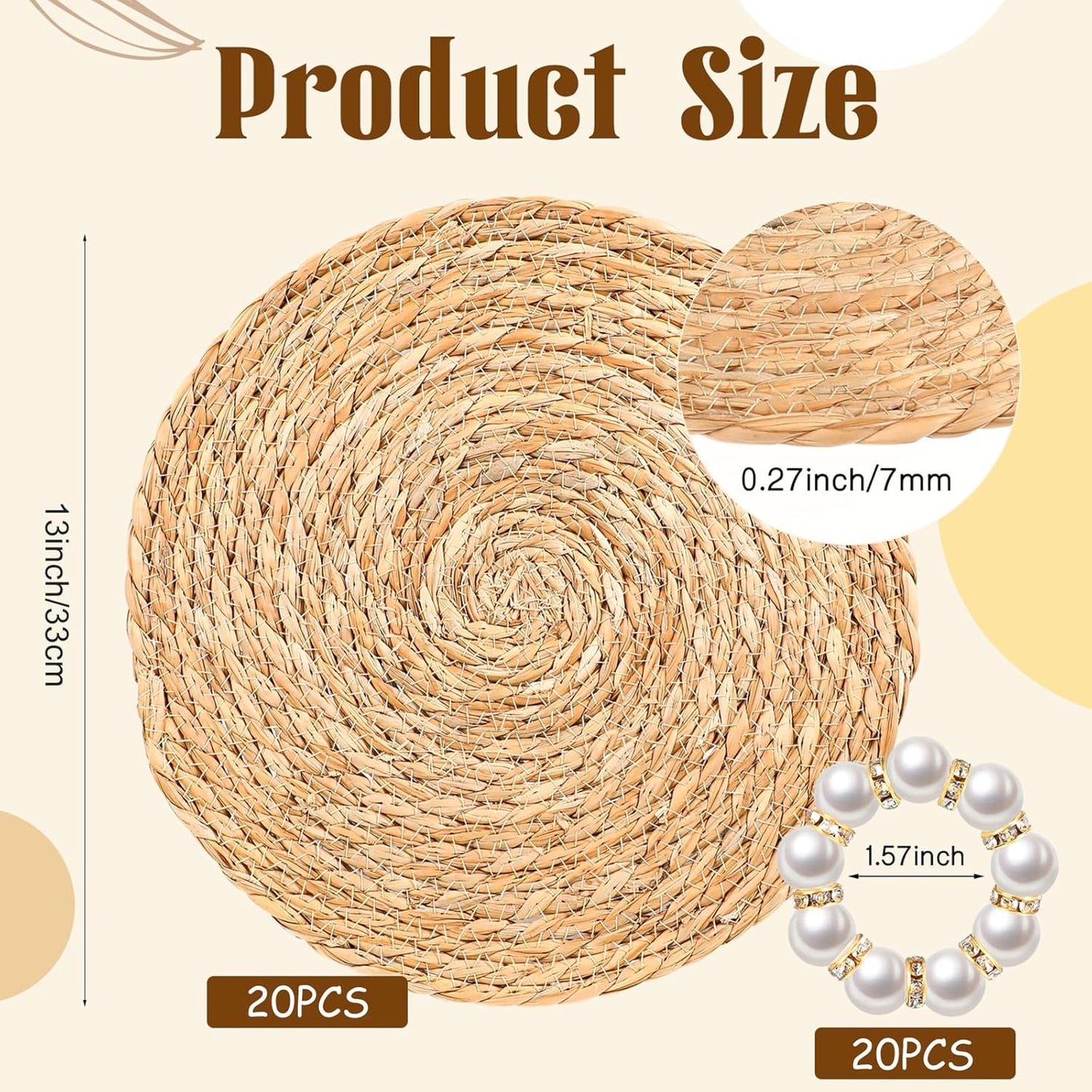 20 Pcs 13 Inch Round Woven Placemats with 20pcs Pearl Napkin Rings，Rattan Placemats Bulk Boho Woven Chargers Natural Water Hyacinth Place Mat for Wedding Party, Dinner Table