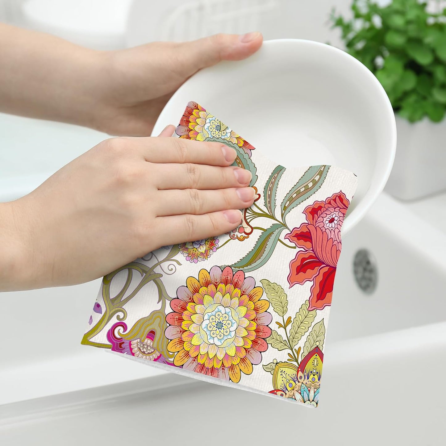 Cukemip Boho Floral Kitchen Towels Decorative Set of 2, Colorful Absorbent Hand Towels for Kitchen, Bar, Drying Decor, Housewarming Gifts