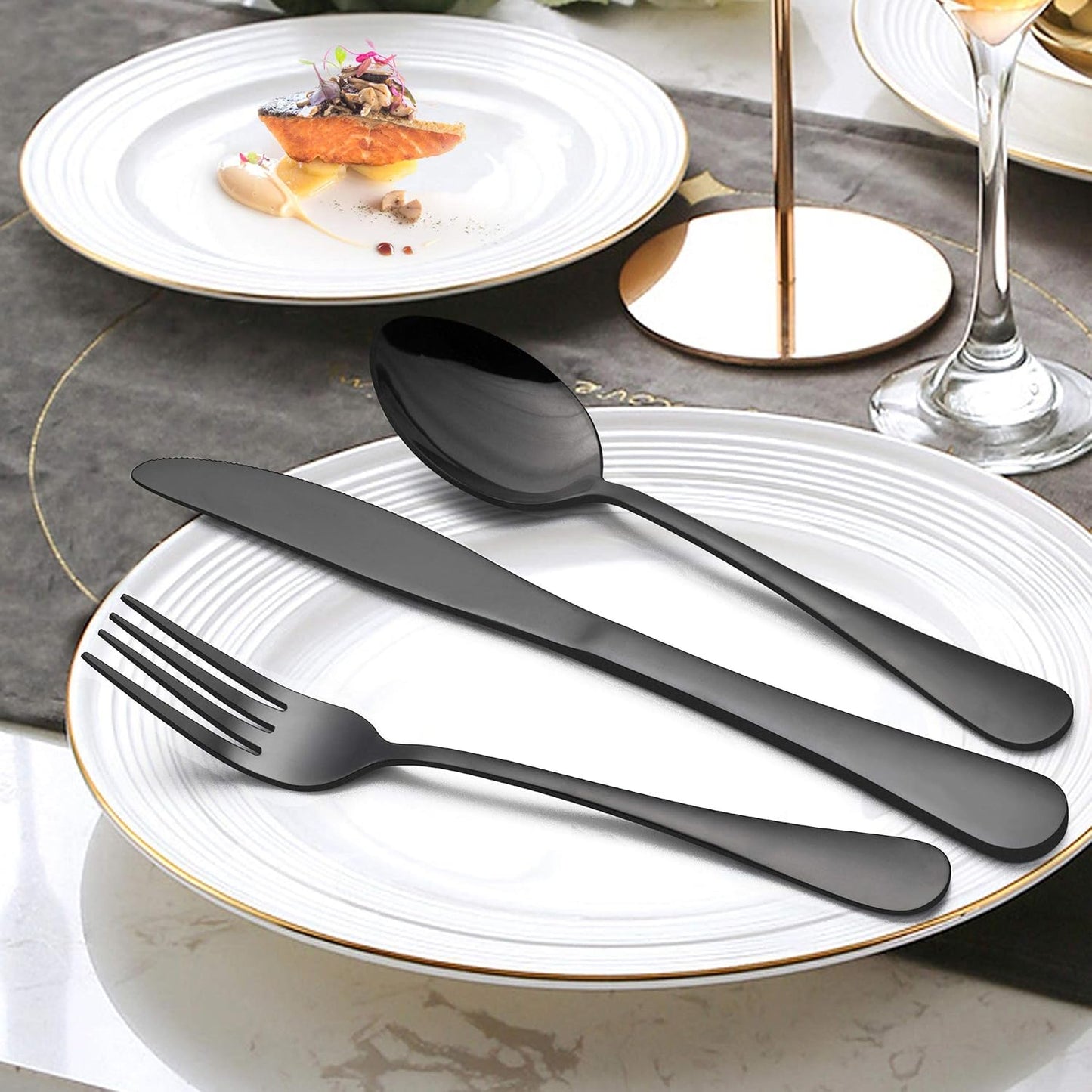 LIANYU 72-Piece Black Silverware Set, Black Flatware Cutlery Set with Steak Knives for 12, Stainless Steel Kitchen Utensils Tableware, Mirror Finish, Dishwasher Safe