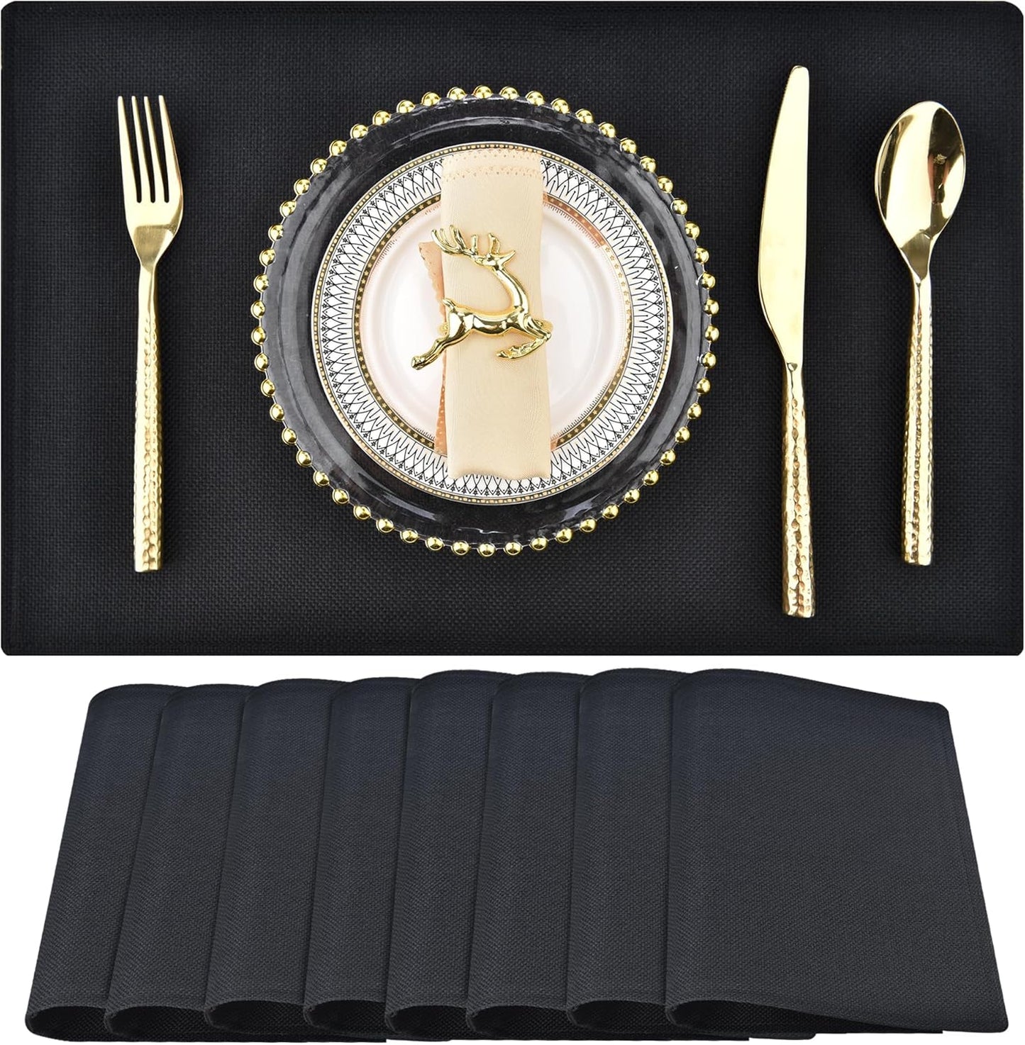 SLKQG Black Linen-Look Placemats Set of 8, Heat Resistant & Machine Washable Double-Layered Cloth Placemats for Dining Table, Indoor/Outdoor Use, Non-Slip Kitchen Table Mats (8, Black)