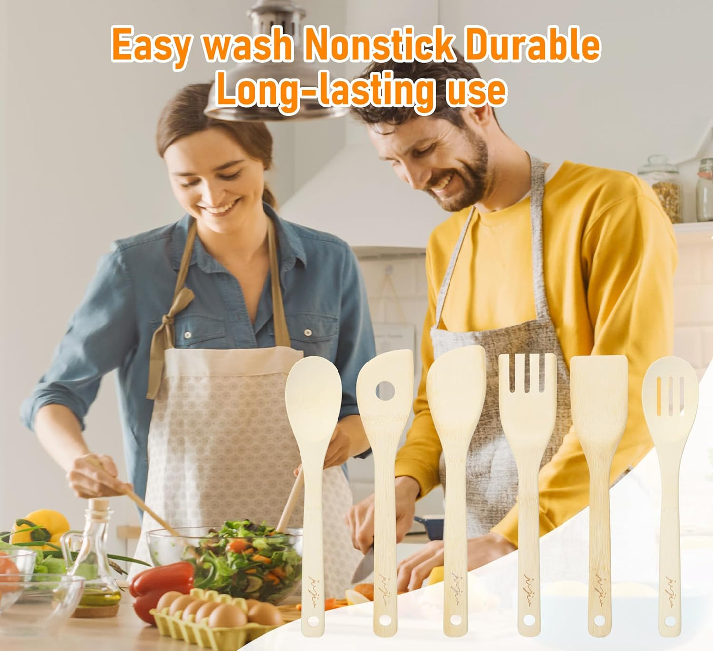 Wooden Spoons & Spatulas 6-Piece Bamboo Kitchen Utensil Set - Natural Material Scraper & Strainer Cooking Tools