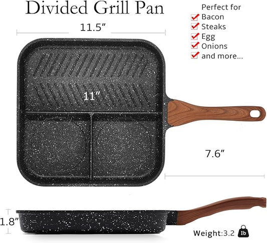 ESLITE LIFE 11 Inch Nonstick Divided Grill Pan for Indoor Cooking, Versatile 3-In-1 Induction Large Breakfast Pan for Stove Tops, PTFE & PFOA Free, Black