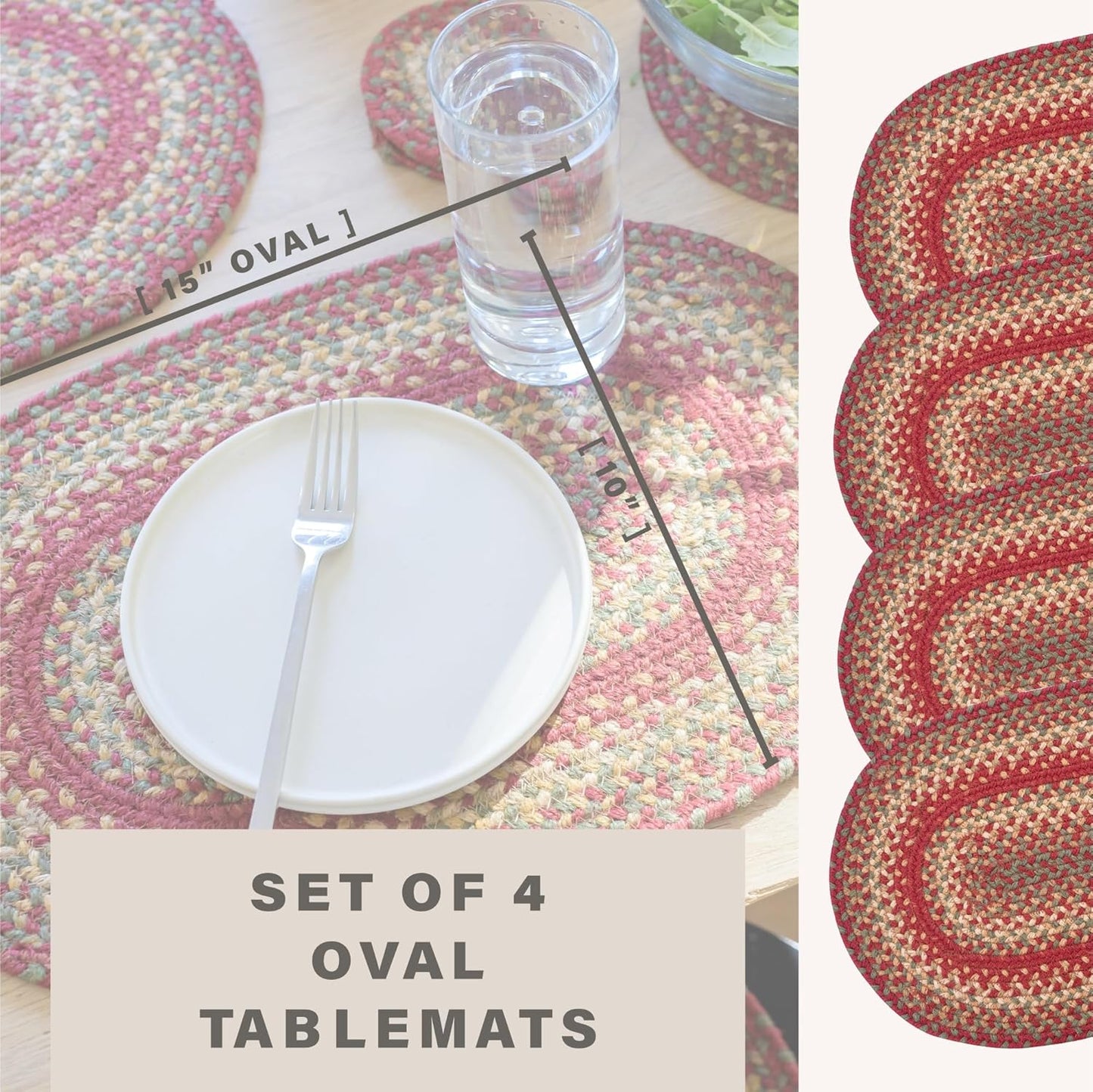 Homespice Cider Barn Premium Jute Braided Placemat Set of 4 Oval 10x15 Red Reversible, Natural Jute Yarn Rustic, Country, Primitive, Farmhouse Style