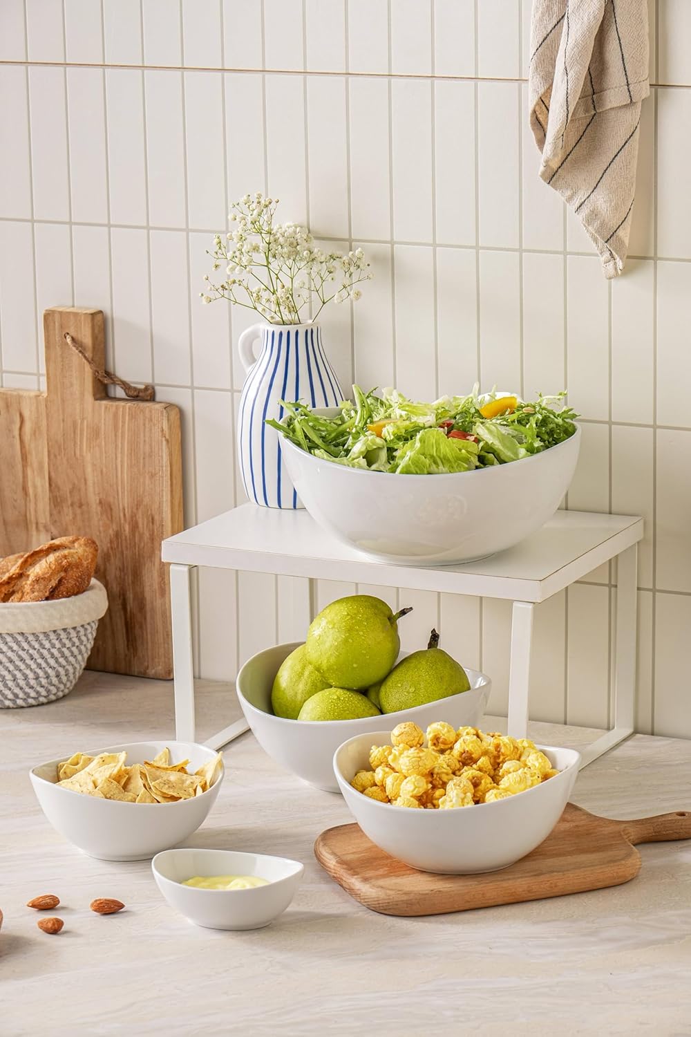 Porcelain Serving Bowls set for Entertaining, 3-11-20-32-50 Ounce, Scratch Resistant, 5 Piece Serving Bowl Set, Prep Salad Bowls for Christmas Thanksgiving, Dishwasher Safe, Pure White