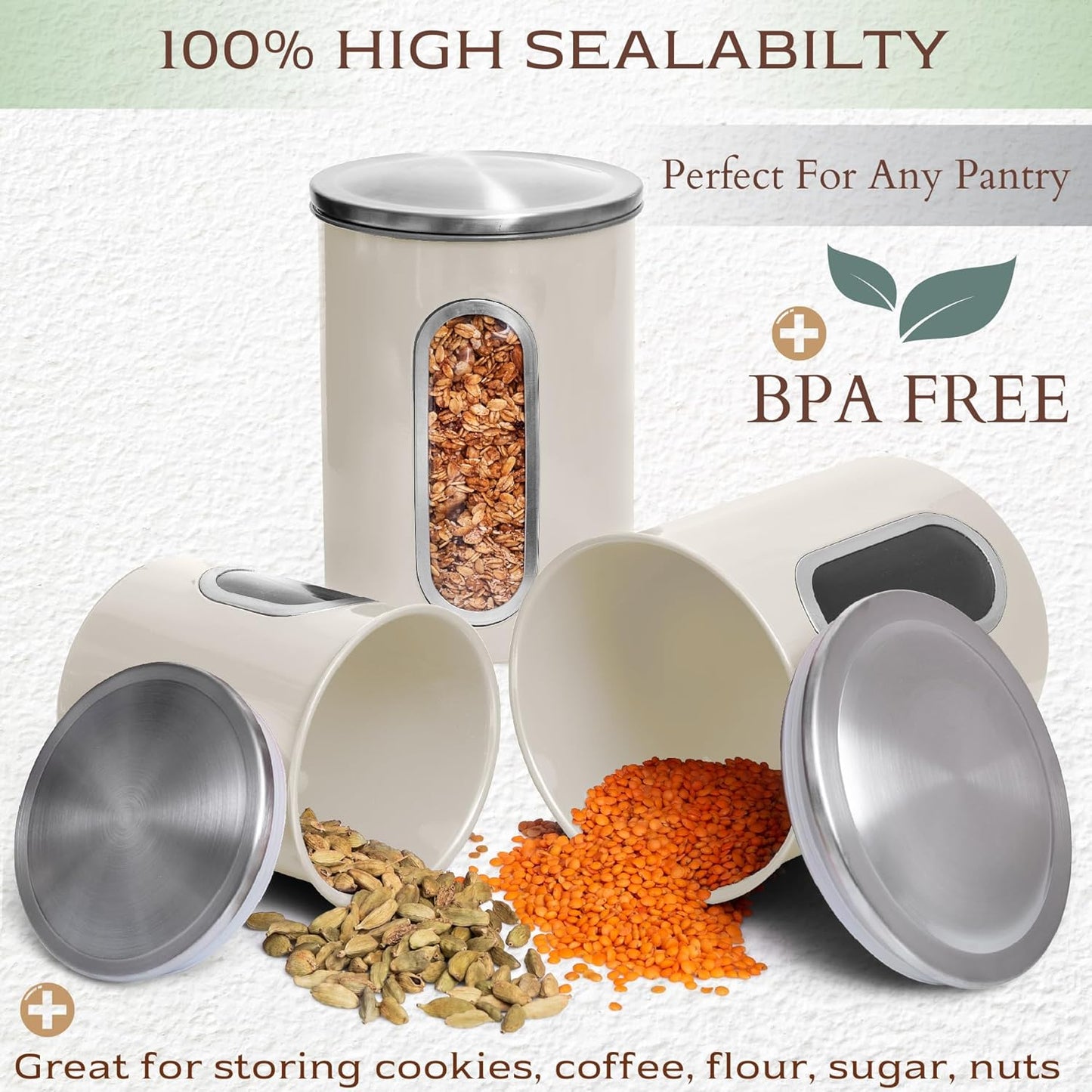 Moss & Stone 3-Piece Beige Canisters Sets For The Kitchen, Airtight Canister Set With See Through Window, Storage Jars for Coffee Container, Tea Organizer & Sugar Canister, Beige Kitchen Canisters