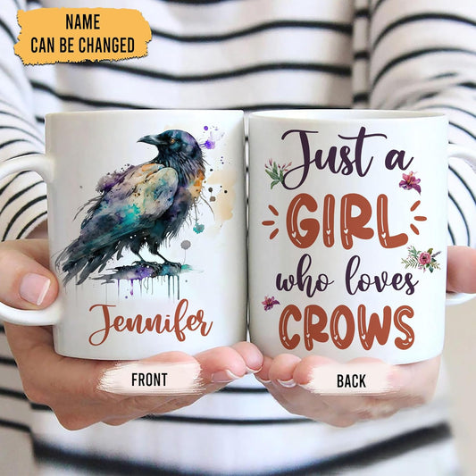 Hyturtle Personalized Gifts Crow Lover - Just A Girl Who Loves Crows Custom Name Ceramic Coffee Mug Cup 11oz - Idea Cute Animal Lover Gifts For Women, Girl Daughter On Birthday, Christmas