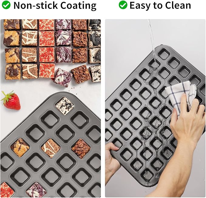 Beasea Mini Brownie Bite Pan with Dividers, 1 Pack 48 Mini Small Tiny Cup All Edges Non Stick Square Cupcake Baking Sheet Tin Tray Carbon Steel Bakeware Individual Cutter Baking Pan - Black