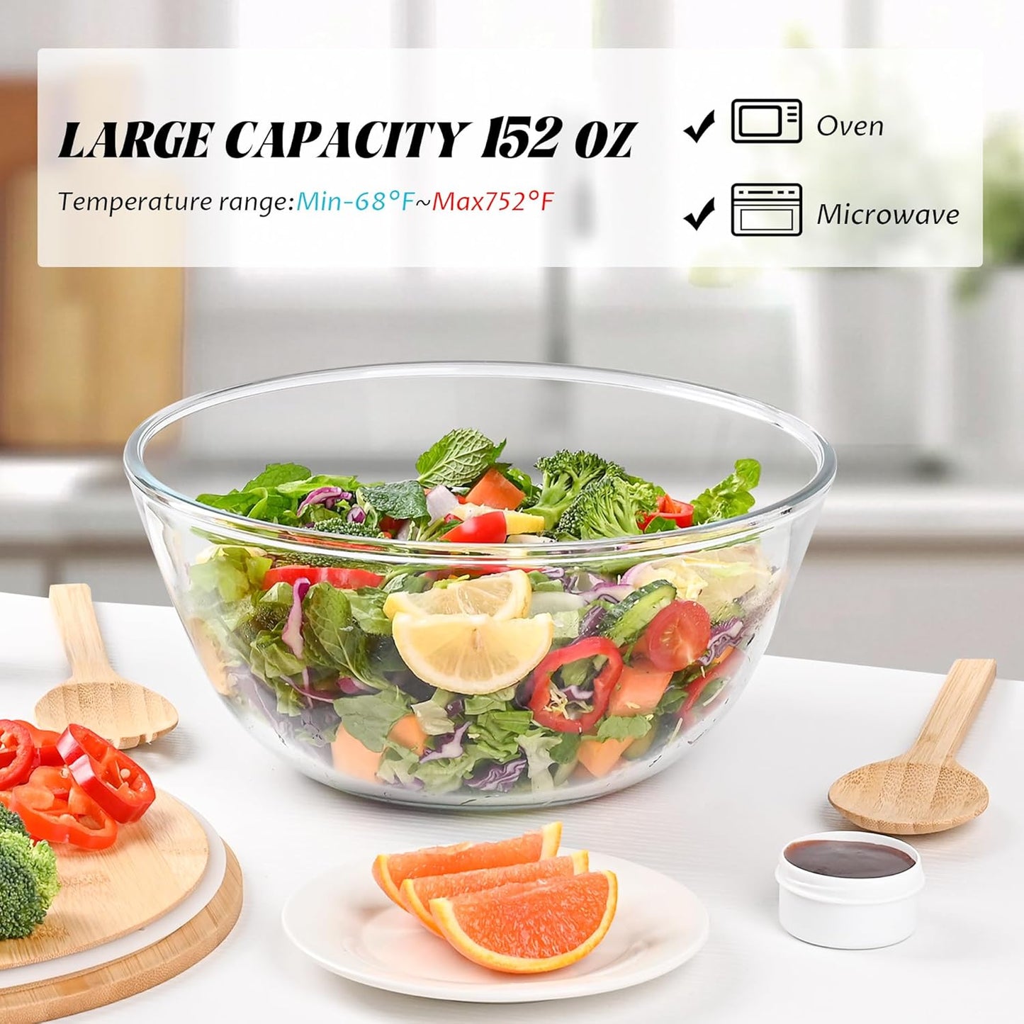 10.6" Glass Salad Bowl with Sealed Lid, 4.7 Quart Large Capacity Serving and Mixing Bowls with Utensils, Versatile Serving Dish for Salads, Trifle, Fruits, Pasta, Microwave Safe