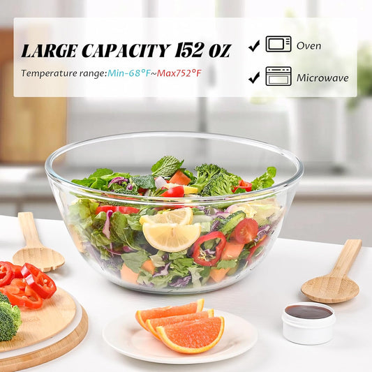 10.6" Glass Salad Bowl with Sealed Lid, 4.7 Quart Large Capacity Serving and Mixing Bowls with Utensils, Versatile Serving Dish for Salads, Trifle, Fruits, Pasta, Microwave Safe
