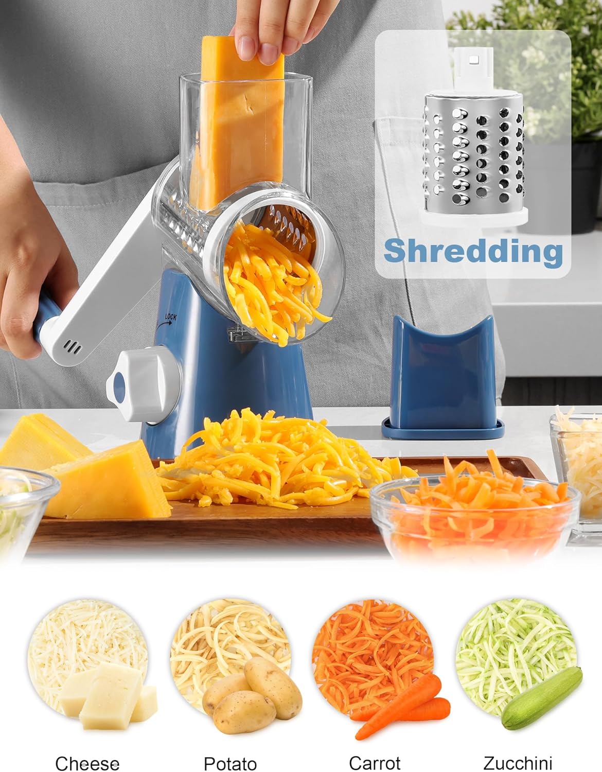 Cheese Grater Rotary, Rotary Grater for Kitchen, Kitchen Grater Vegetable Slicer with 3 Drum Blades, Fast Cutting Cheese Shredder for Vegetables and Nuts