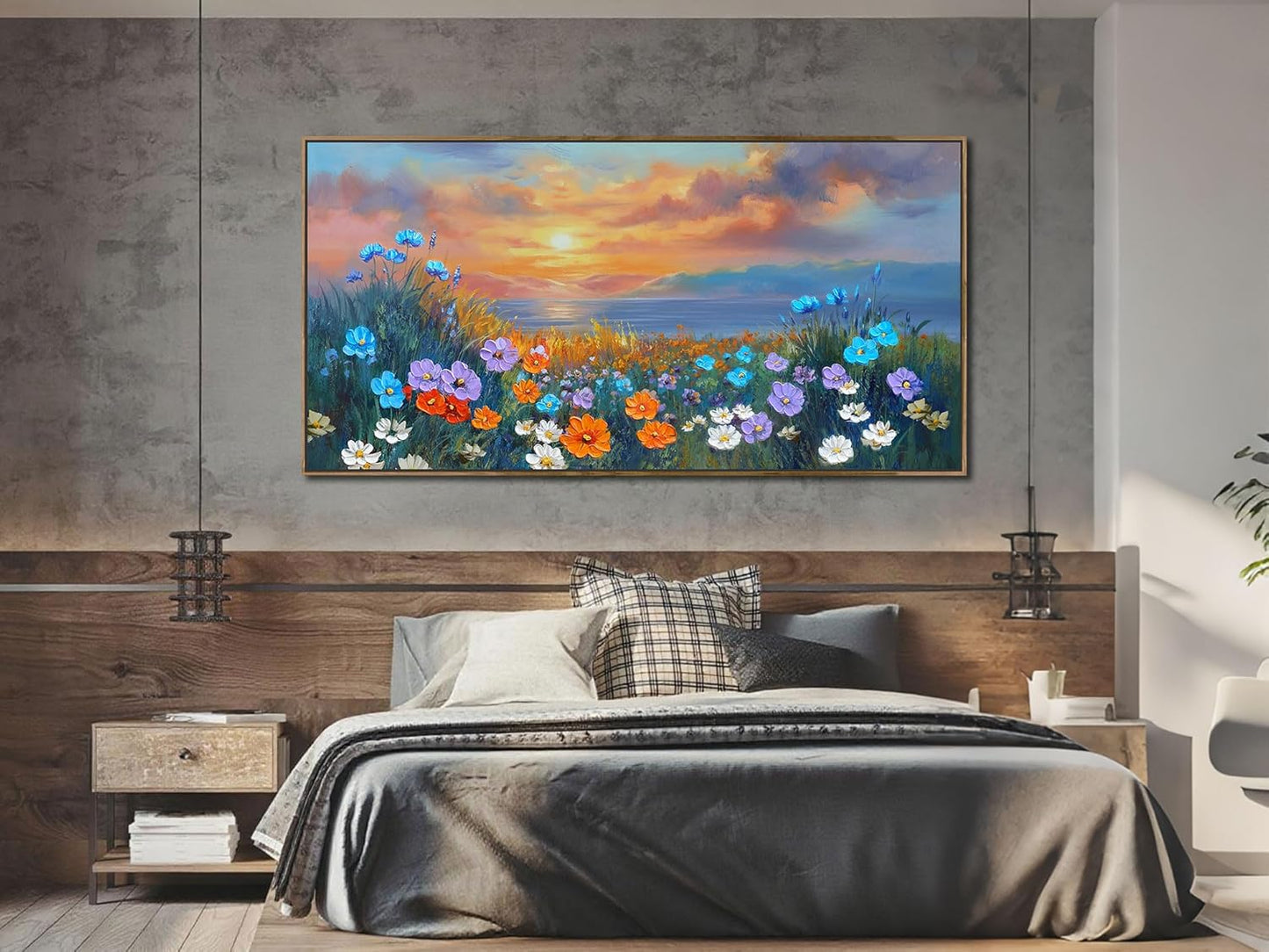 Ardemy Wildflower Wall Art for Living Room Large Framed Floral Canvas Pictures Bedroom Wall Decor Sunset Paintings Flower Textured Artwork for Walls Dining Room Home Office 58"x29"