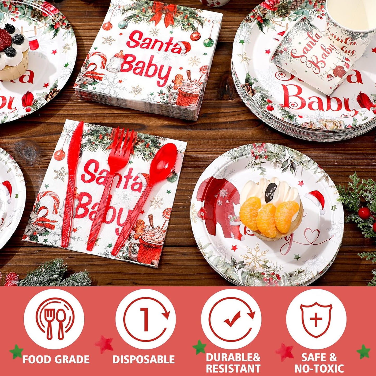 Dandat 350 Pcs Baby Shower Plates Set Baby Shower Party Supplies Serves 50 Tableware Sets Include Plates Napkin Cup Forks Knives Spoons Disposable Dinnerware (Christmas Santa Babies,Red)