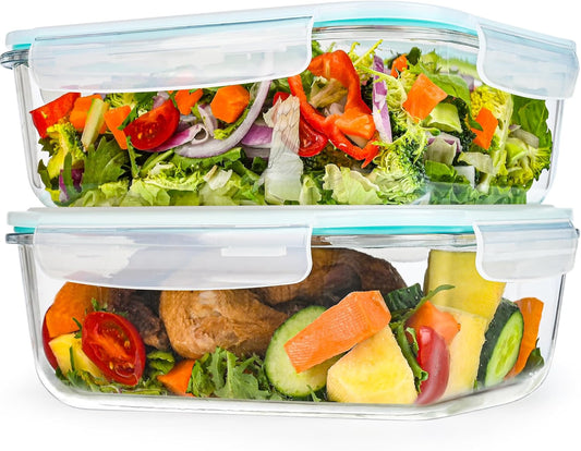 GEHE 9.8 Cup / 78 Oz Large Glass Food Storage Containers with Lids, 2 Pack Glass Meal Prep Containers Set with Airtight Locking Lids - Storing Food, Baking, Leakproof, Freezer, Microwave & Oven Safe